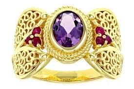 Artisan Ring .91ct Amethyst & .06ctw Ruby 18k Yellow Gold /Silver Filigree Ring