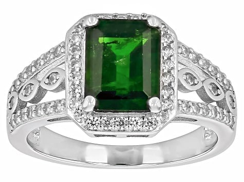 Cocktail Ring Green Chrome Diopside Rhodium Sterling Silver Ring. 2.94ctw: Description: Striking cocktail ring featuring a vibrant green chrome diopside gemstone known for its intense color and brillian