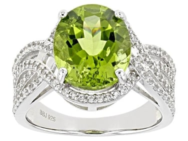 Green Peridot Ring Rhodium Sterling Silver Ring 5.07ctw