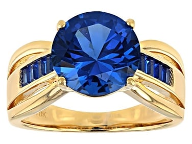 Ring Blue Spinel Lab Created 18k Yellow Gold /Silver Ring 3.35ctw