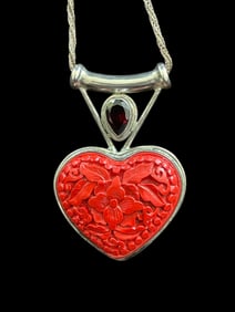 Valentines SAJEN 925 CARVED CINNABAR GENUINE GARNET STERLING SILVER NECKLACE