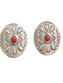 Navajo Sterling Silver Red Coral Concho Clip On Earrings