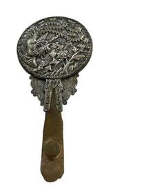 Rare Antique Chinese Silver & Jade Repousse Hardstone Dragon Mirror w/ Original Box