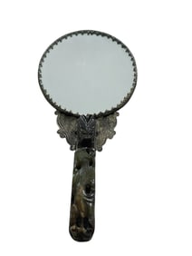 Chinese Silver & Jade Repousse Hardstone Dragon Mirror w/ Original Box