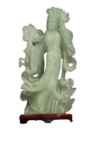 CARVED JADE FIGURE OF CHINESE MAIDEN WITH WOODEN STAND,