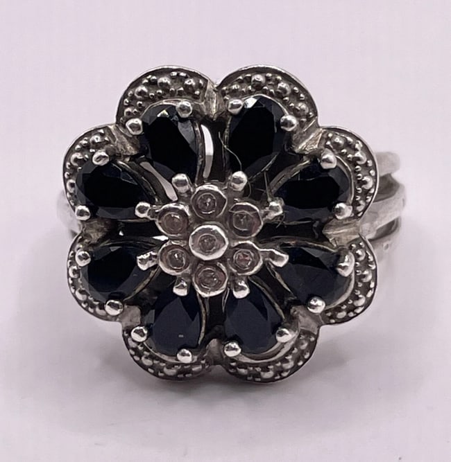 Black Onyx Diamond Marcasite 925 Sterling Silver Flower Ring (1 of 3)