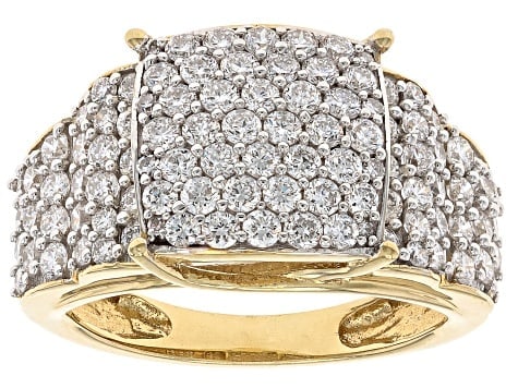 14k Yellow Gold Over Sterling Silver Cluster Ring 1.85ctw: Description: Stunning cluster ring featuring white lab-grown diamonds with H color and SI clarity. Set in 14k yellow gold over