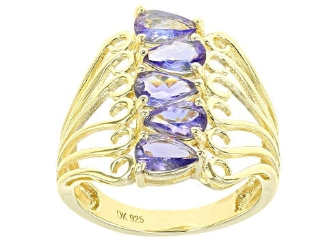 Blue tanzanite Ring 18k yellow gold over silver 5-stone ring 1.70ctw: Blue tanzanite 18k yellow gold over silver 5-stone ring 1.70ctw/ size 10/ Ships from Newport Beach,Ca