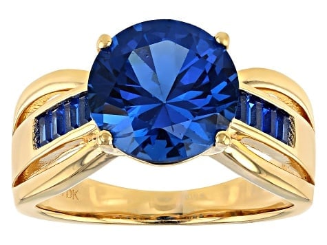 Ring Blue Spinel Lab Created 18k Yellow Gold /Silver Ring 3.35ctw: Description: Striking ring featuring a vibrant blue lab-created spinel gemstone with rich color and exceptional brilliance. Set