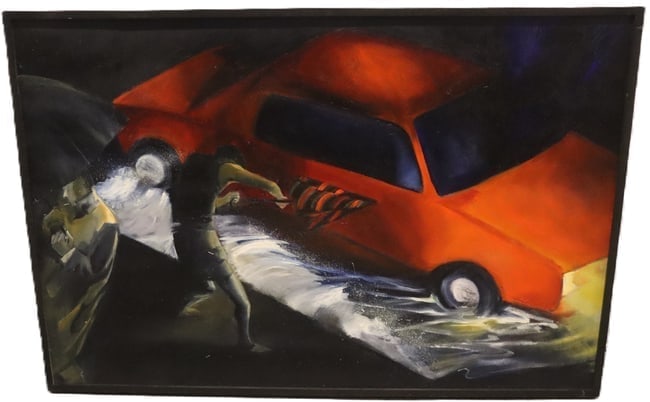 Kharlene Boxenbaum, Storm, Oil On Canvas, Titled, Signed & Dated 1988 In Verso: Kharlene Boxenbaum, Storm, Oil On Canvas, Titled, Signed & Dated 1988 In Verso Artist: Kharlene Boxenbaum Title: Storm Medium: Oil on canvas Description: A dramatic scene rendered in deep tones, featu