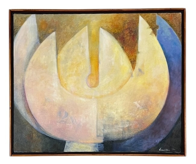 2X X, Abstract Painting, Signed and Dated '94: 2X X, Abstract Painting, Signed and Dated '94 Title: 2X X Description: Abstract composition featuring overlapping curved and angular forms in soft pastel tones with deeper shadows. The number and lett