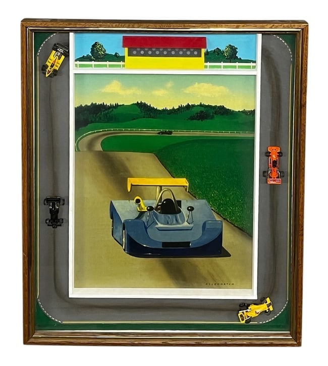 Allen Hatch, Mixed Media, Signed: Allen Hatch, Mixed Media, Signed Artist: Allen Hatch Medium: Mixed media Description: Playful and vibrant mixed media artwork featuring a central painting of a vintage-style race car scene, framed by