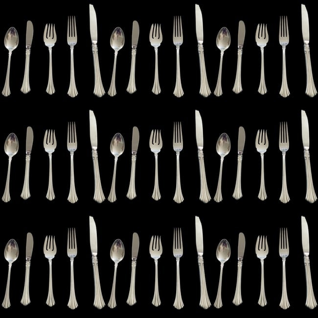 44pc Sterling Silver Reed & Barton Eighteenth Century Sterling Flatware. 44 pc: Reed & Barton Eighteenth Century sterling silver flatware. The pattern, introduced in 1971, features a glossy finish and elegant, fluid curves. The set is a 5 piece place setting, fork, salad fork, te