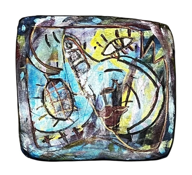 Cynthia B, Signed on Verso: Cynthia B, Signed on Verso Artist: Cynthia B. Description: A vivid abstract composition featuring expressive brushwork, symbolic motifs, and layered textures in blue, yellow, and earthy tones. Signed