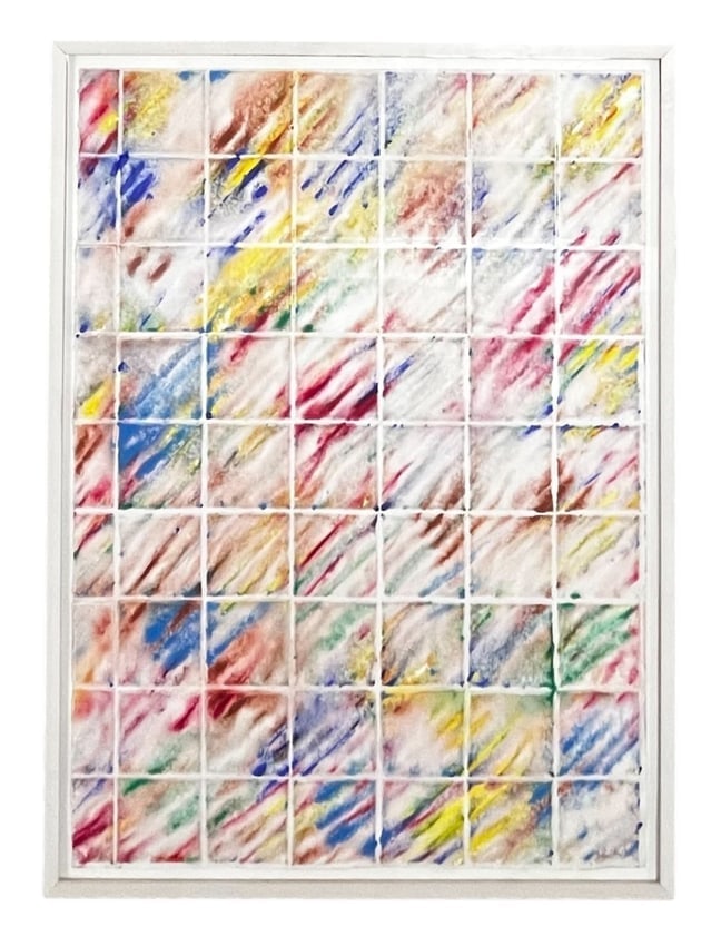 John Richard Fox, Signed and Dated '82: John Richard Fox, Signed and Dated '82 Artist: John Richard Fox (Canadian, 1927 - 2008) Description: Abstract grid composition featuring vibrant diagonal strokes in varied hues, arranged in a structur