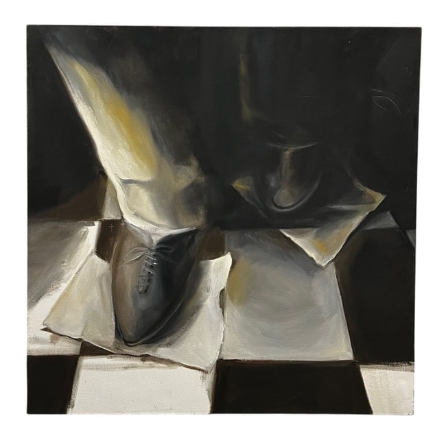 Kharlene Baxenbaum- Two Men Walking - Oil on Canvas: Artist: Kharlene Baxenbaum Title: Untitled Year: 1987 Medium: Oil on Canvas Dimensions: 36 x 36 in Description: Oil painting focusing on a two mens shoes and trousers against a checkered floor. Render