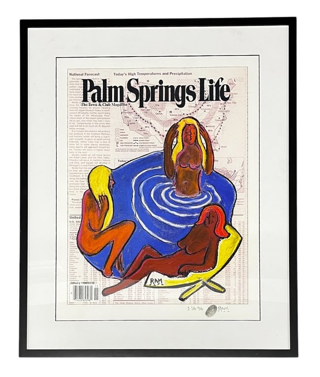 Ram, Palm Springs Life, Mixed Media, Signed and Dated 1/16/96: Ram, Palm Springs Life, Mixed Media, Signed and Dated 1/16/96 Artist: Ram Medium: Mixed Media Description: Colorful and stylized depiction of four women relaxing poolside, painted over a Palm Springs