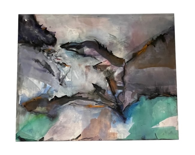 Seron, Donna - Haiti - Gray & Green Neutrals - Oil on Canvas: Artist: Seron, D. Title: Haiti Dimensions: 42 x 60 in Medium: Oil on Canvas Description: This painting blends abstract expressionism with hints of surrealism, using fluid, organic shapes that suggest
