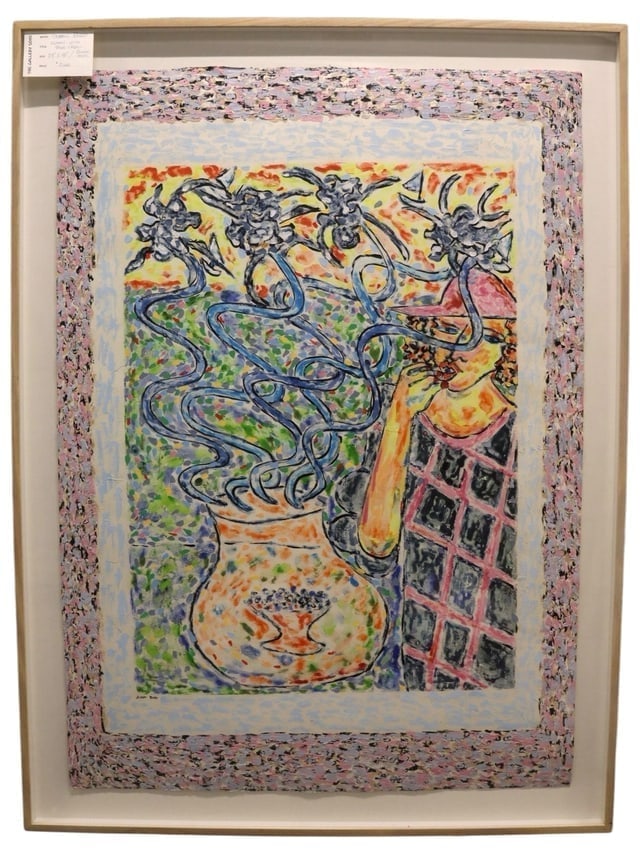 Susan Bush, Woman with Blue Vase, Oil Monoprint, Signed: Susan Bush, Woman with Blue Vase, Oil Monoprint, Signed Artist:Susan Bush Title:Woman with Blue Vase Medium:Oil monoprint Description: Expressive oil monoprint depicting a stylized female figure besid