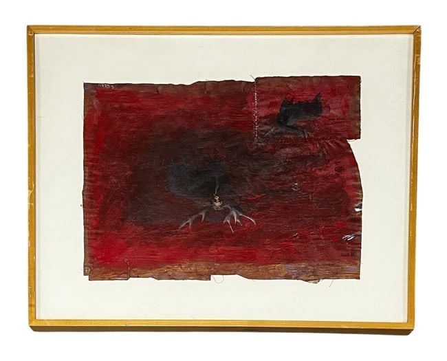 Sylvia Glass, Camouflage, Acrylic on Cloth, Signed: Sylvia Glass, Camouflage, Acrylic on Cloth, Signed Artist: Sylvia Glass Year: 1988 Title: Camouflage Medium: Acrylic on cloth Description: Expressionist composition featuring a dark, winged form emerg