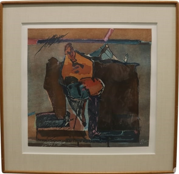 Veloy Vigil - Abstract Composition - 63/65: Artist: Veloy Vigil Edition: 63/65 Dimensions: Art - 17 x 17 in, Framed - 25 x 25 x 2 in Description: A bold and expressive abstract composition by Veloy Vigil, featuring a seated figure rendered in a
