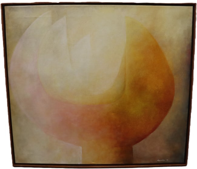 Abstract Form, Acrylic on Canvas, Signed and Dated '94: Abstract Form, Acrylic on Canvas, Signed and Dated '94 Medium: Acrylic on Canvas Description: A serene and softly blended abstract work in warm hues of amber, rose, and pale gold. The gentle gradients