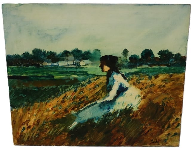 Donald Roy Purdy, Oil on Board, Signed: Donald Roy Purdy, Oil on Board, SignedArtist: Donald Roy Purdy (American, 1924-2016) Medium: Oil on board Description: An expressive landscape depicting a woman seated in a field, gazing into the dist