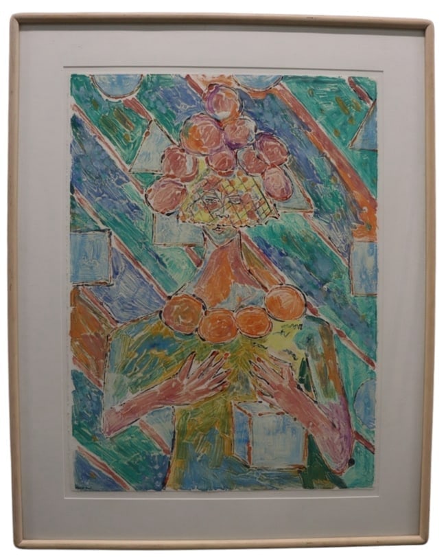 Susan Bush, Oil Monoprint, Signed: Susan Bush, Oil Monoprint, Signed Artist: Susan Bush (American, b. 1946) Medium: Oil monoprint on paper Description: A vibrant and expressive composition blending abstract and figurative elements, fea