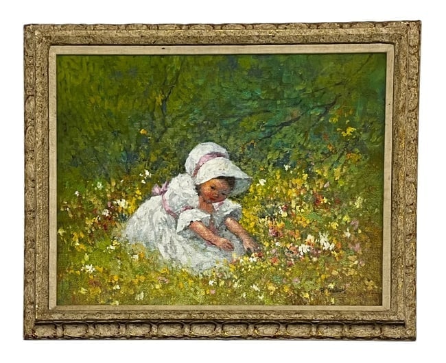 Girl in Wildflower Field, Oil on Canvas, Signed: Girl in Wildflower Field, Oil on Canvas, Signed Medium: Oil on canvas Description: Impressionistic painting of a young girl in a white dress and bonnet sitting among colorful wildflowers. The piece fe