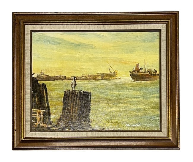 Frank Caldwell, Oil on Canvas, Signed: Frank Caldwell, Oil on Canvas, Signed Artist: Frank Caldwell (American, 1912 - 2002) Medium: Oil on Canvas Description: A tranquil maritime composition featuring a lone seagull perched on weathered pi