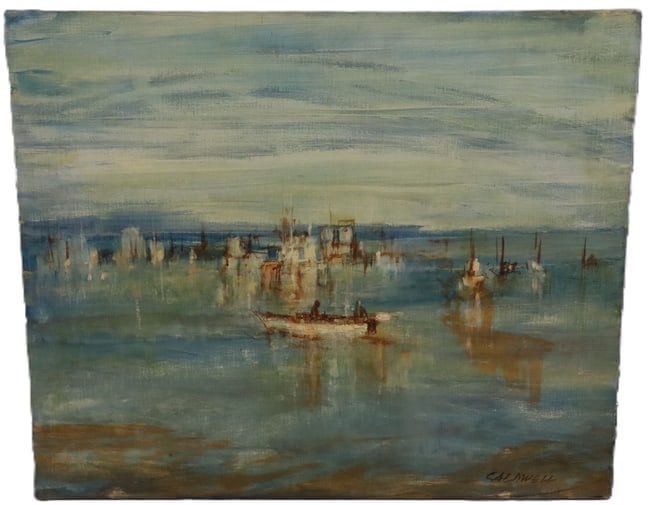 Frank Caldwell, Oil on Board, Signed: Frank Caldwell, Oil on Board, Signed Artist: Frank Caldwell (American, 1912-2002) Medium: Oil on board Description: A serene impressionist harbor scene rendered in soft blues and muted earth tones. Bo