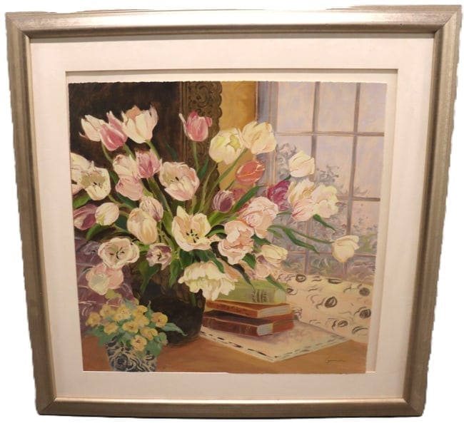 Ellen Gunn, Tulip Still Life, Lithograph, Signed: Ellen Gunn, Tulip Still Life, Lithograph, Signed Artist: Ellen Gunn (American, b. 1951) Medium: Lithograph on paper Description: A luminous and elegant floral still life featuring a bouquet of tulips