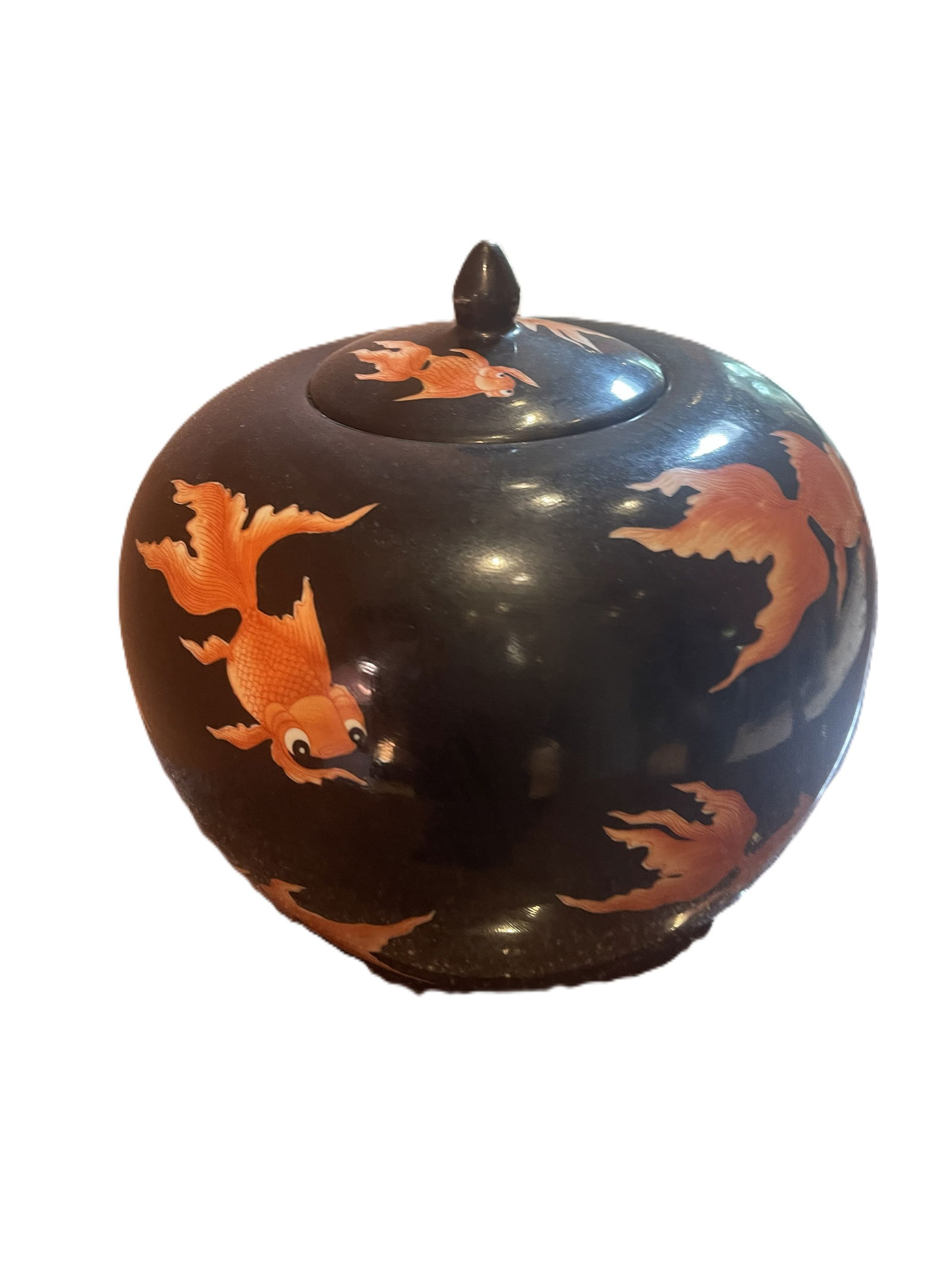 Chinese Porcelain Jars Black w/ Golden Koi Fish - Ginger Jars - Set of 2: Item: Chinese Porcelain Ginger Jar Origin: China Style: Traditional Chinese Decorative Material: Glazed porcelain Size: Approximately 27" tall Description: Striking Chinese porcelain jars featuring a