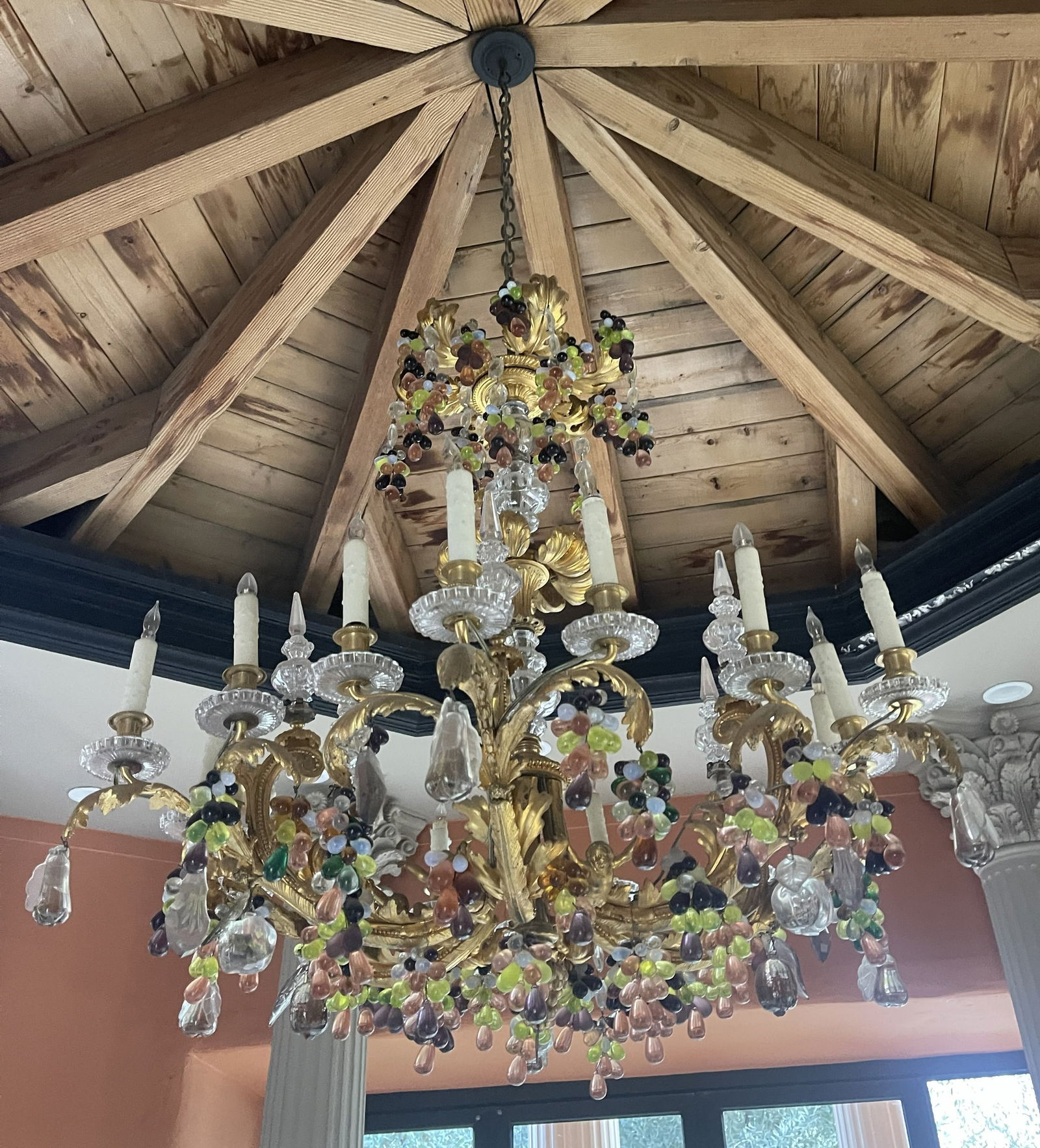 Murano Crystal Chandelier - Bohemia Baccarat Style: Title: Believed to be Murano glass ,Colorful Crystal Chandelier - Bohemian Baccarat Style Style: French Louis XVI / Baroque Influence Material: Gilded metalwork and crystal drops Description: This sty