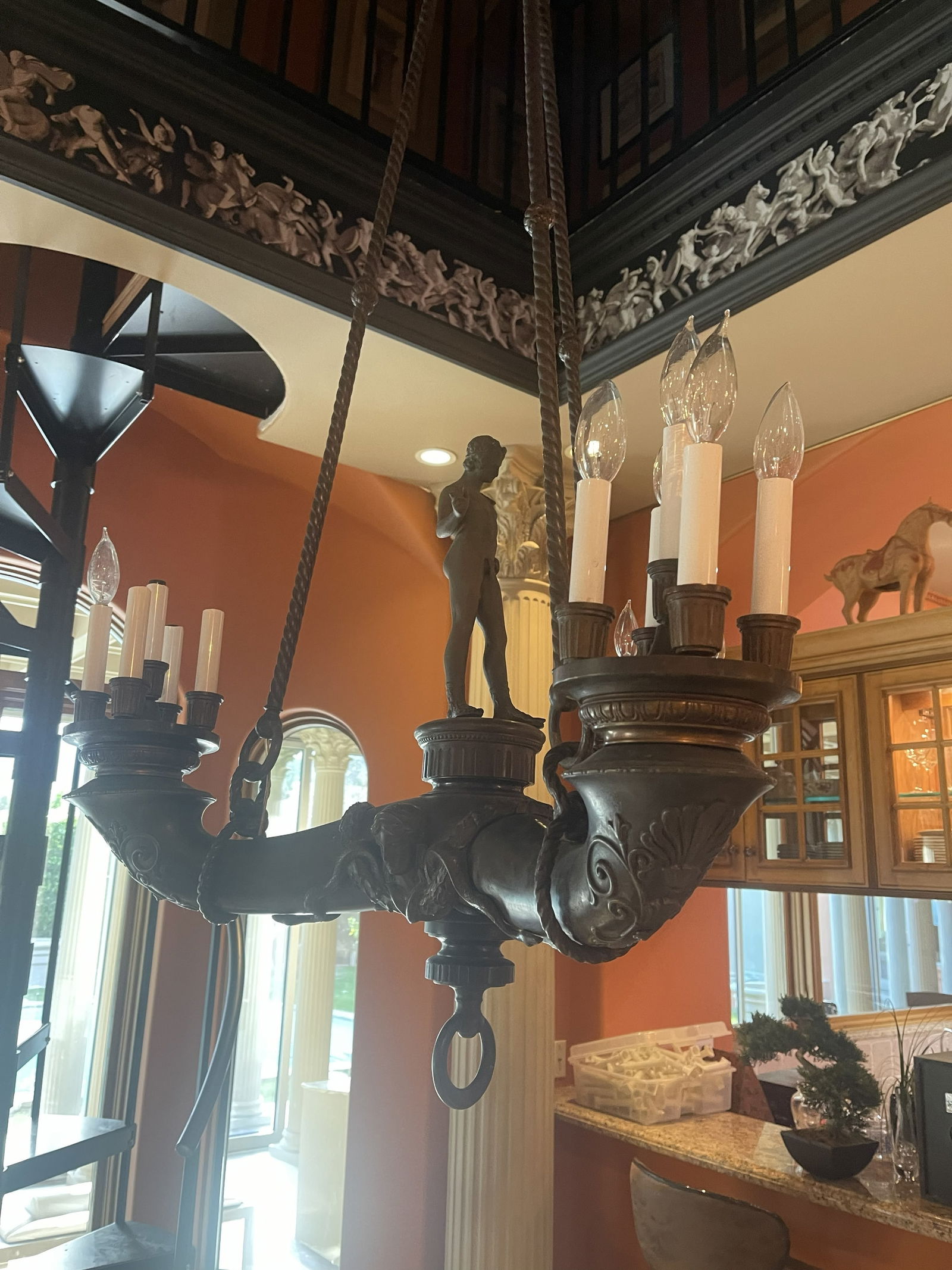 Hermann Hohn Neoclassical Bronze Chandelier, Otto Schmidt-Hofer Statue (1 of 2)