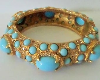 K.J.L. 1960's Turquoise Cabochon and Pave Rhinestone Bangle Bracelet: K.J.L. 1960's Turquoise Cabochon and Pave Rhinestone Bangle Bracelet/Ships from Newport Beach,CA