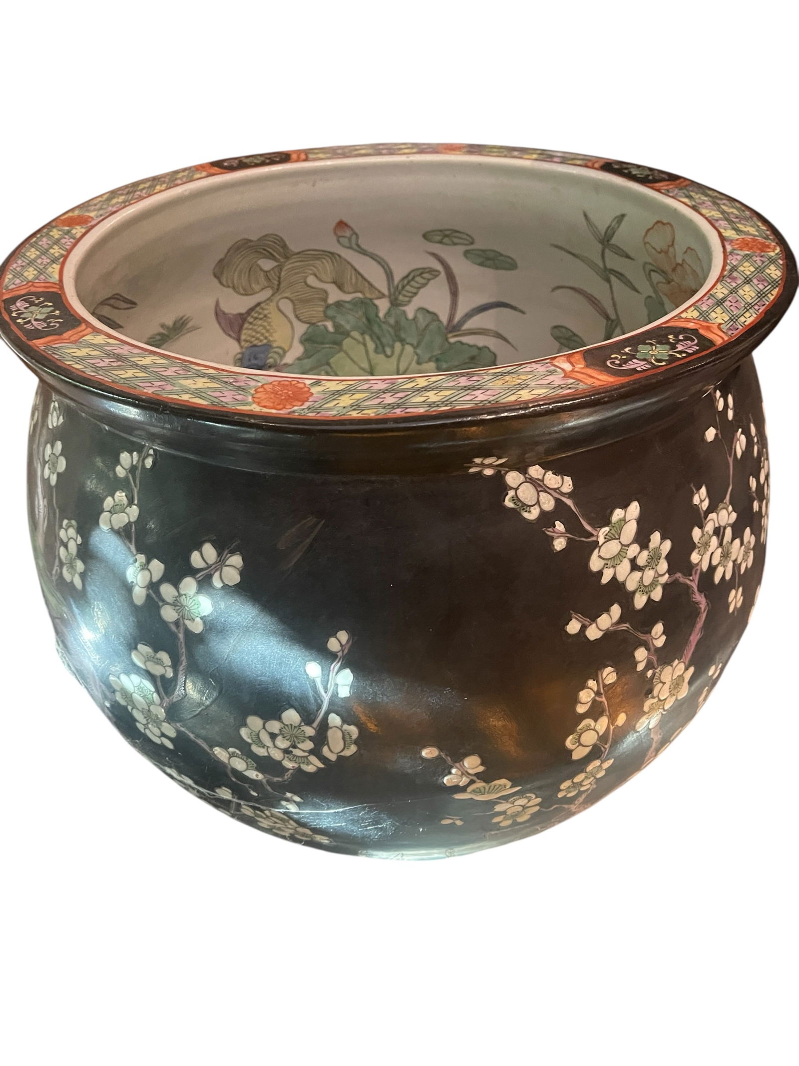 Chinese Porcelain Jardiniere - Black with Cherry Blossoms (1 of 2)