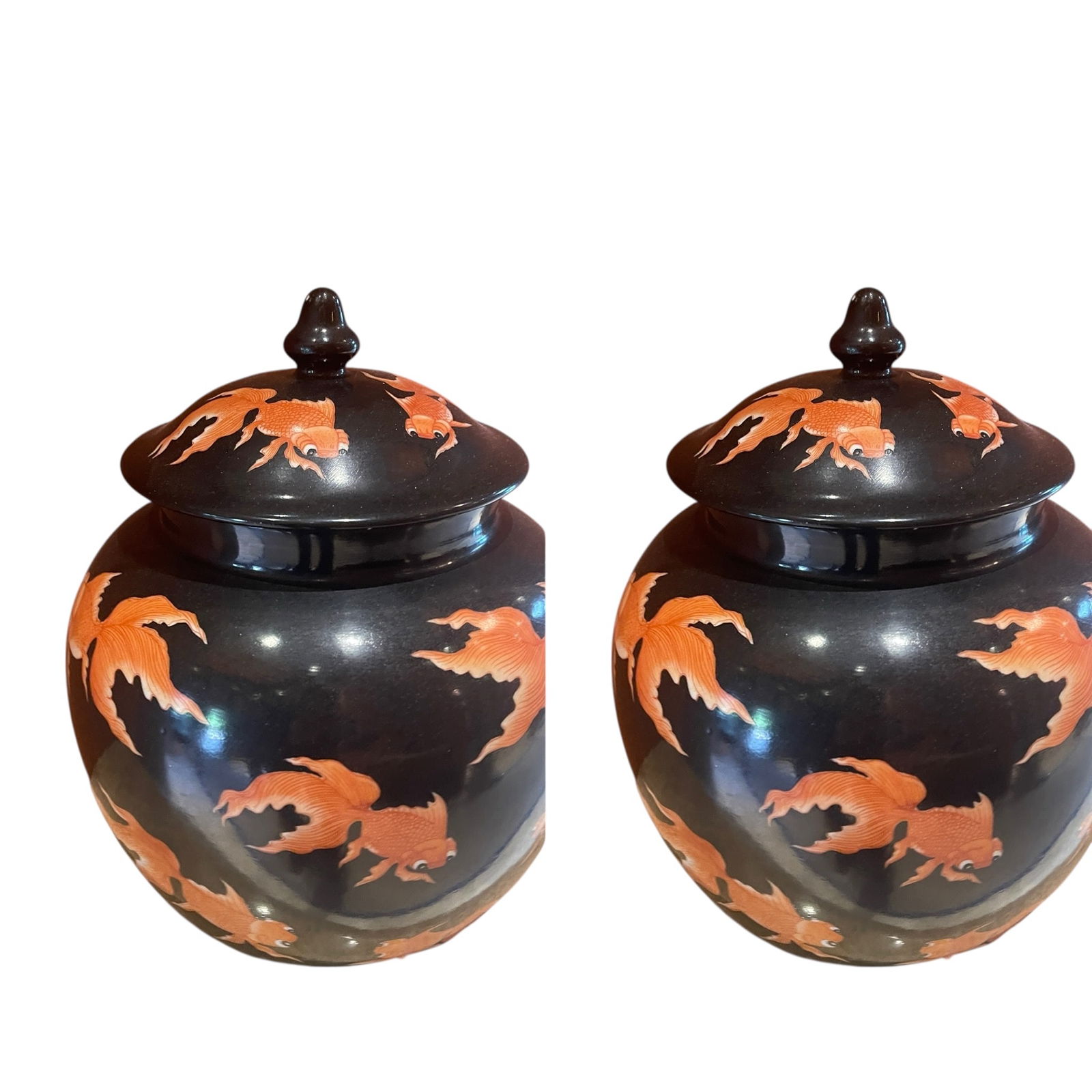 Chinese Porcelain w/ Golden Koi Fish - Ginger Jars - Set of 2 (1 of 2)