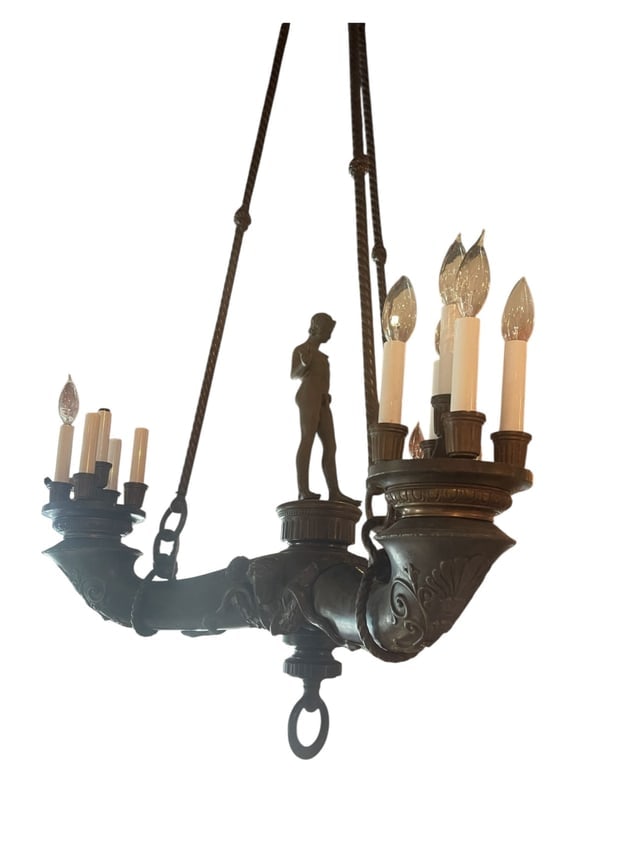 Hermann Hohn Neoclassical Bronze Chandelier, Otto Schmidt-Hofer Statue: Item: Hermann Hohn Neoclassical Bronze Chandelier, Otto Schmidt-Hofer Statue Style: Neoclassical / Classical Revival Period: Late 19th–Early 20th Century (estimate) Materials: Patinated bronze or br