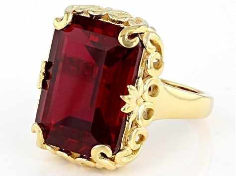 Lab-Created Red Ruby Cocktail Ring in 18K Yellow Gold over Silver: Lab-Created Ruby Cocktail Ring A bold statement ring featuring a vibrant lab-created red ruby with rich color and exceptional clarity, perfectly complemented by an 18K yellow gold