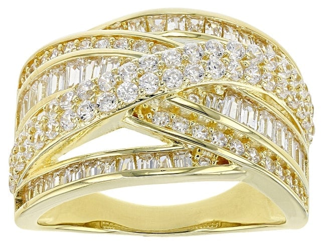 2.84ctw White Cubic Zirconia Ring in 18K Yellow Gold over Silver: 2.84ctw White CZ Ring A brilliant 2.84ctw display of white cubic zirconia offering diamond-like fire in an elegant 18K yellow gold over sterling silver band. Size: