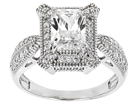 3.75ctw White Cubic Zirconia Ring in Rhodium-Plated Silver: 3.75ctw White Cubic Zirconia Ring A sparkling ring showcasing brilliant white cubic zirconia stones with exceptional clarity and fire, expertly cut to maximize brilliance. Set in r