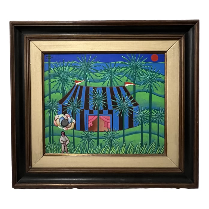 Adelson Filadelfo Do Prado | "O Circo" | Acrylic on Canvas: Description: An acrylic on canvas painting by Adelson Filadelfo Do Prado, titled "O Circo" and dated 1980. This piece is professionally framed and ready for display. Artist: Adelson Filadelfo Do Prado