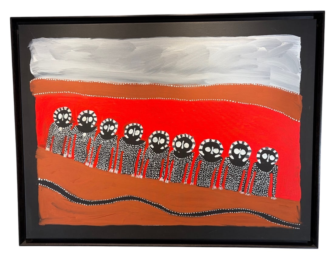 Jack Dale Mengenen: "Jingunya Meeting with Wandjinas" Acrylic on Canvas: Jack Dale Mengenen: "Jingunya Meeting with Wandjinas" Important Kimberley Acrylic on Canvas A powerful and highly significant large-format work by revered West Kimberley el