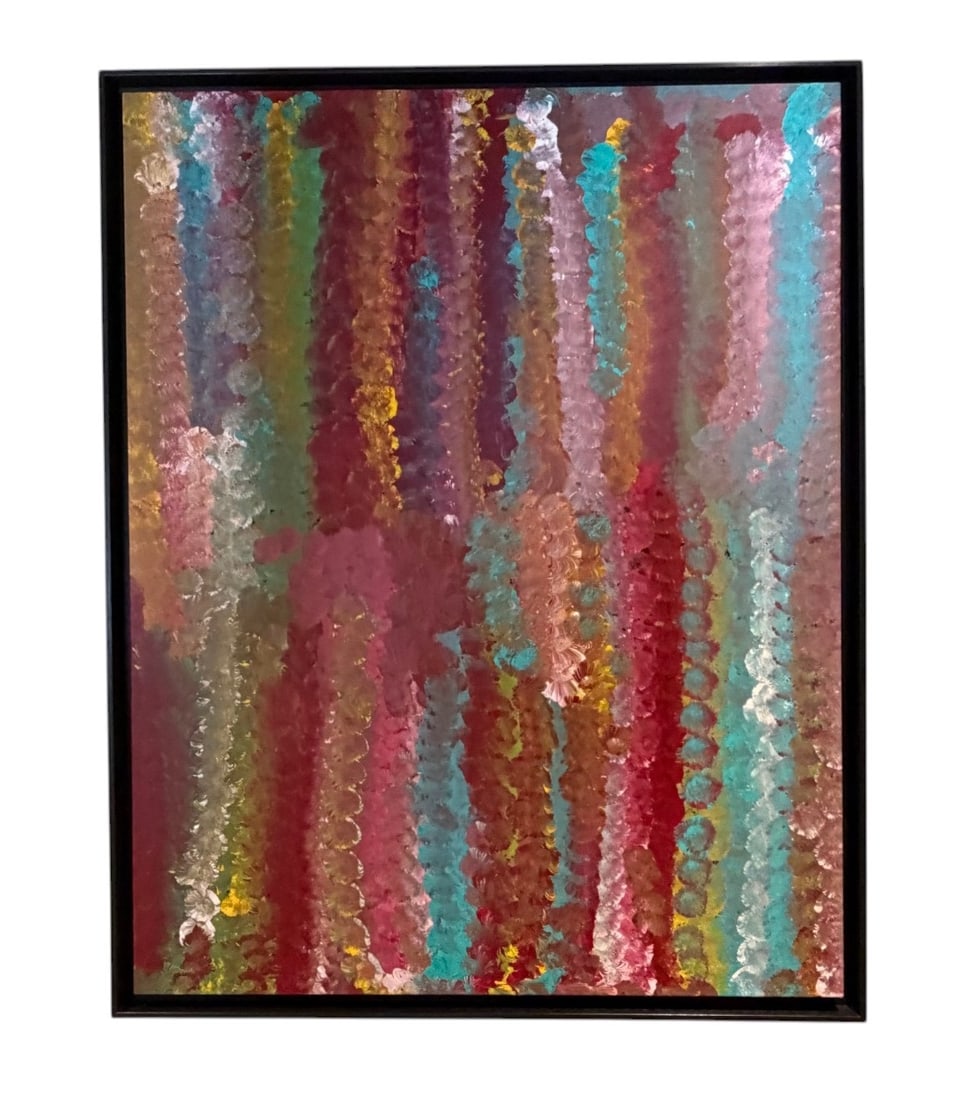 Emily Kame Kngwarreye: "Awelye (Yam Dreaming in Turquoise and Crimson)" Pulsating Linear Masterwork (1 of 4)