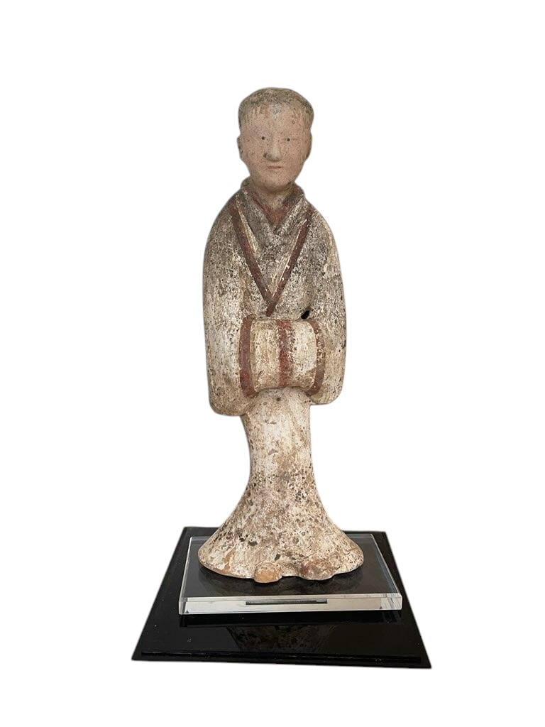 Chinese Sculpture of a Female Attendant (Han Dynasty) Museum Piece: Painted Pottery Figure of a Female Attendant, Han Dynasty A serene and elegantly modeled earthenware tomb figure (mingqi) dating to the Chinese Han Dynasty (206 BC