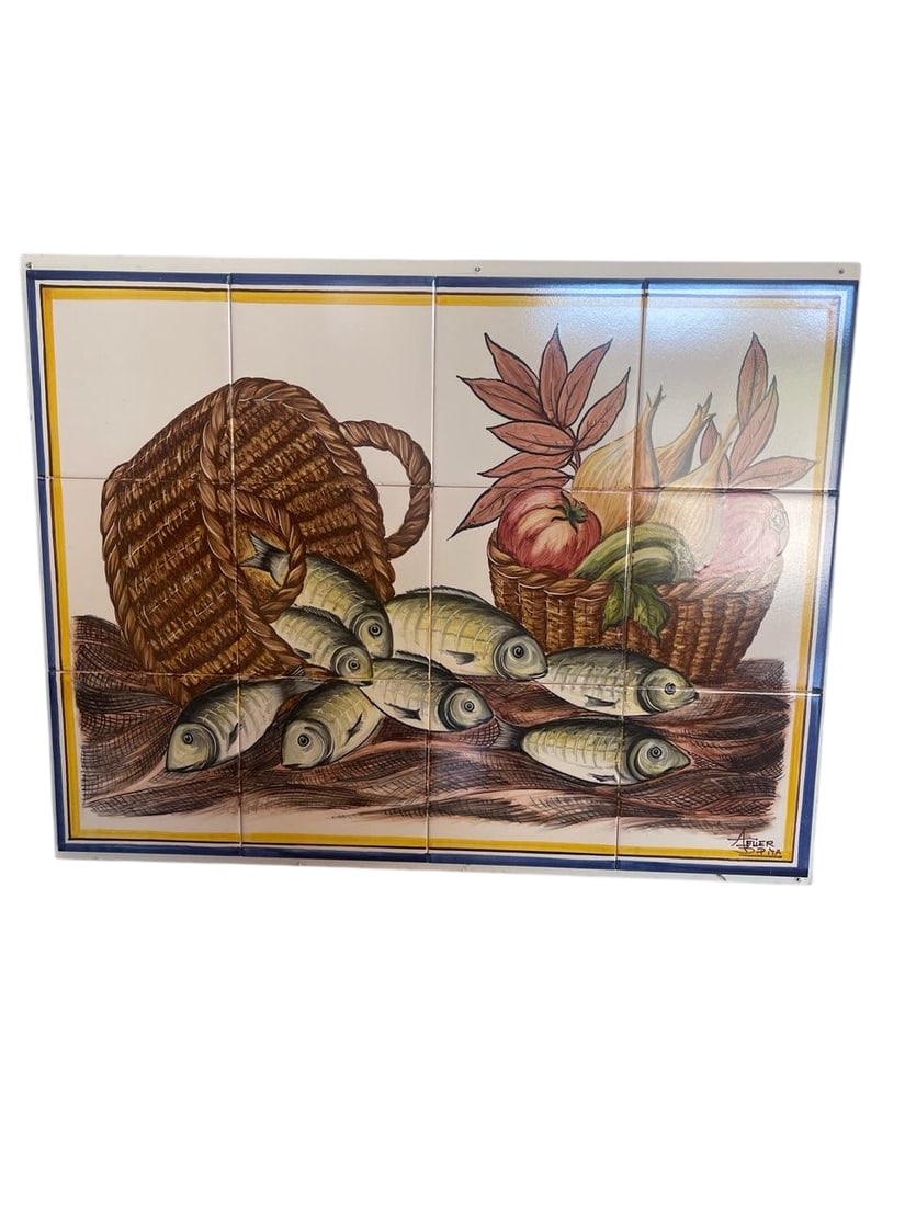 European Hand-Painted Ceramic Tile Mural: Still Life with Fish (1 of 3)