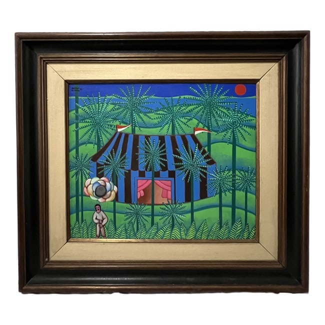 Adelson Filadelfo Do Prado | "O Circo" | Acrylic on Canvas: Description: An acrylic on canvas painting by Adelson Filadelfo Do Prado, titled "O Circo" and dated 1980. This piece is professionally framed and ready for display. Artist: Adelson Filadelfo Do Prado