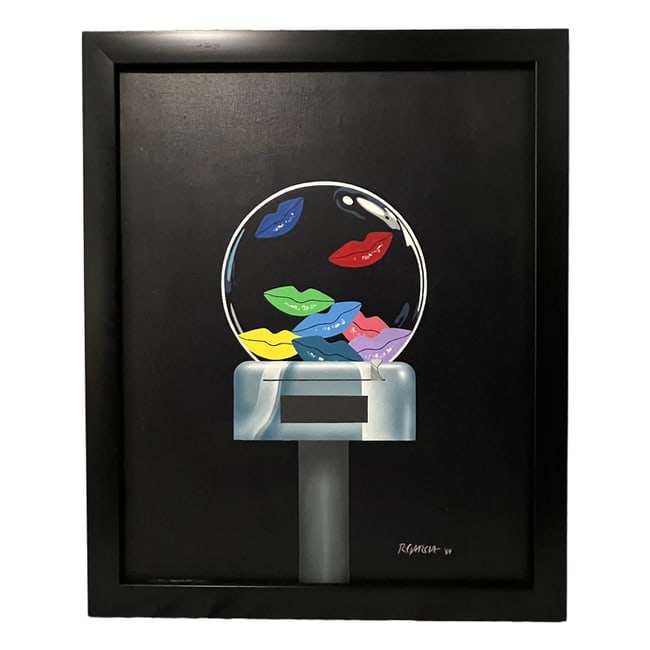 Rick Garcia | "Lip Machine" | Acrylic Airbrush on Canvas: Description: An acrylic airbrush on canvas painting by Rick Garcia, titled "Lip Machine" and dated 1984. This piece is professionally framed and ready for display in the Catalogue. Artist: Rick Garcia