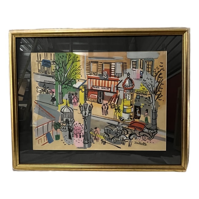 Charles Cobelle | "Paris Street Scene": Description: An acrylic on paper artwork by Charles Cobelle, titled "Paris Street Scene." This piece is currently undergoing further research regarding medium. It is professionally framed and ready fo